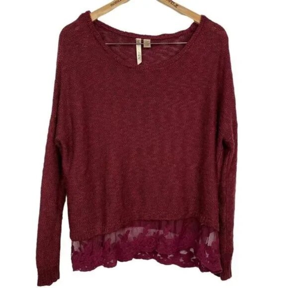 BY DESIGN WOMEN'S WINE RED LACE HEM SWEATER SIZE LARGE - Picture 1 of 8